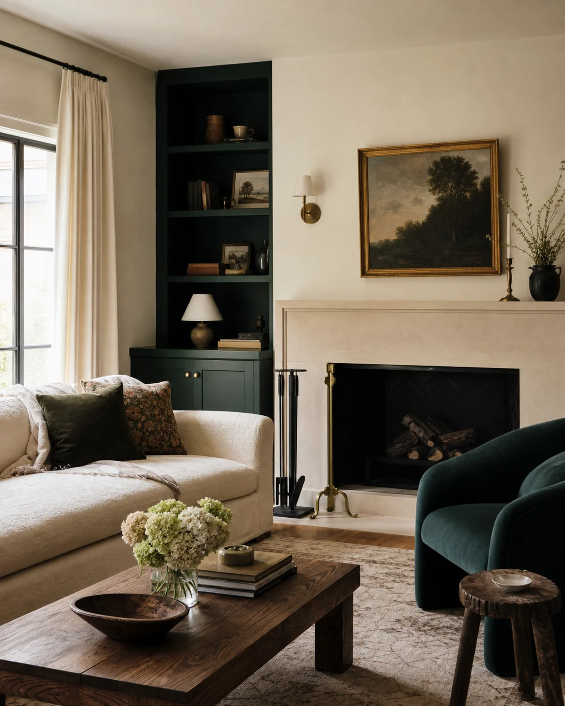 A warm living room with deep green built-ins, natural wood, cream upholstery, and brass details